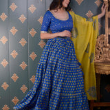 Block Printed Blue Cotton Silk Lehenga Set