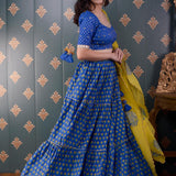 Block Printed Blue Cotton Silk Lehenga Set