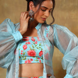 Sky Blue Floral Printed Lehenga Set With Sheer Organza Jacket