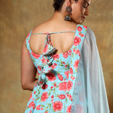 Sky Blue Floral Printed Sleeveless Anarkali Set With Organza Dupatta