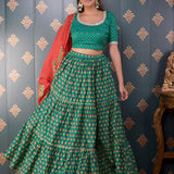 Block Printed Green Cotton Silk Lehenga Set