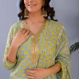 Sea Green Block Printed Cotton Silk Kurta Set