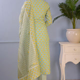 Sea Green Block Printed Cotton Silk Kurta Set