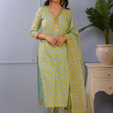 Sea Green Block Printed Cotton Silk Kurta Set