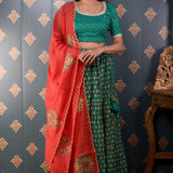 Block Printed Green Cotton Silk Lehenga Set