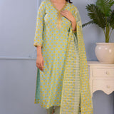 Sea Green Block Printed Cotton Silk Kurta Set