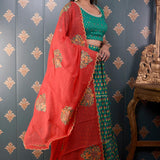 Block Printed Green Cotton Silk Lehenga Set