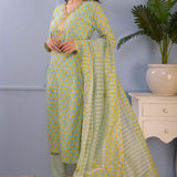 Sea Green Block Printed Cotton Silk Kurta Set