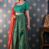 Block Printed Green Cotton Silk Lehenga Set