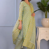Sea Green Block Printed Cotton Silk Kurta Set