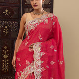 Shiraz Pinkish Red Tissue Saree With Scallop Border