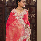 Shiraz Pinkish Red Tissue Saree With Scallop Border