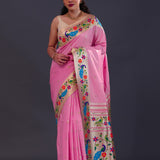 Hopbush Pink Paithani Saree With Floral Butti'S