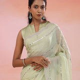 Silver Chalice Yellow Organza Saree With Scallop Border