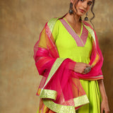 Lime Green Anarkali Set With Pink Striped Border And Ombre Dupatta