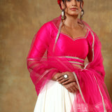 Fuchsia Pink Satin Blouse Lehenga With Ivory Gota Border Skirt