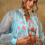 Sky Blue Floral Printed Lehenga Set With Sheer Organza Jacket