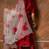 Deep Red Silk Blend Salwar Set With Floral Printed Dupatta