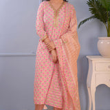 Pink Block Printed Cotton Silk Kurta Set