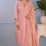 Pink Block Printed Cotton Silk Kurta Set