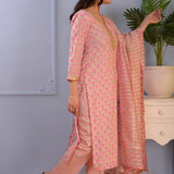 Pink Block Printed Cotton Silk Kurta Set