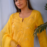 Orange Yellow Cotton Silk Kurta Set