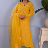 Orange Yellow Cotton Silk Kurta Set