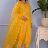 Orange Yellow Cotton Silk Kurta Set
