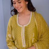 Olive Green Chanderi Kurti Set