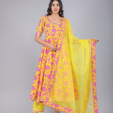 Sunshine Yellow Pink Floral Anarkali Set