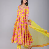 Sunshine Yellow Pink Floral Anarkali Set