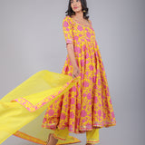 Sunshine Yellow Pink Floral Anarkali Set