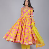 Sunshine Yellow Pink Floral Anarkali Set