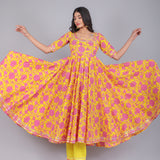 Sunshine Yellow Pink Floral Anarkali Set