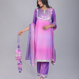Ombre Pink & Purple Silk Blend Straight Kurti Set