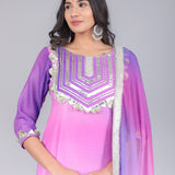 Ombre Pink & Purple Silk Blend Straight Kurti Set