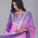 Ombre Pink & Purple Silk Blend Straight Kurti Set