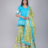 Turquoise & Yellow Floral Peplum Sharara Indo Western Set