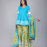 Turquoise & Yellow Floral Peplum Sharara Indo Western Set