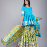 Turquoise & Yellow Floral Peplum Sharara Indo Western Set