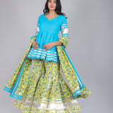 Turquoise & Yellow Floral Peplum Sharara Indo Western Set