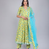 Bright Yellow Floral Angrakha Cotton Anarkali Set