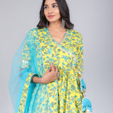 Bright Yellow Floral Angrakha Cotton Anarkali Set