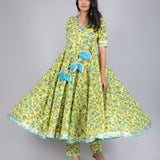 Bright Yellow Floral Angrakha Cotton Anarkali Set