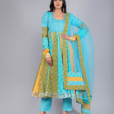 Multi-Tone Turquoise Bandhani Printed Cotton Anarkali Set