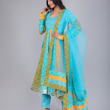Multi-Tone Turquoise Bandhani Printed Cotton Anarkali Set
