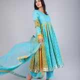 Multi-Tone Turquoise Bandhani Printed Cotton Anarkali Set
