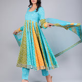 Multi-Tone Turquoise Bandhani Printed Cotton Anarkali Set