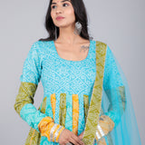 Multi-Tone Turquoise Bandhani Printed Cotton Anarkali Set