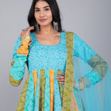 Multi-Tone Turquoise Bandhani Printed Cotton Anarkali Set